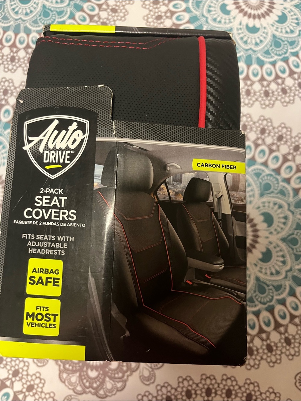 Auto Drive Carbon Fiber Black Seat Covers with Red Trim - 2-Pack - Picture 2 of 5